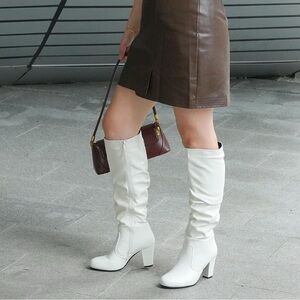 Hawkwell Women's White Fall Chunky High-Heel Side Zip Knee High Boots, 10 M US
